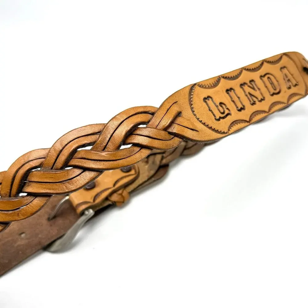 Linda Vintage Western Name Belt 34 Hand Tooled Braided Brown Leather Cowgirl